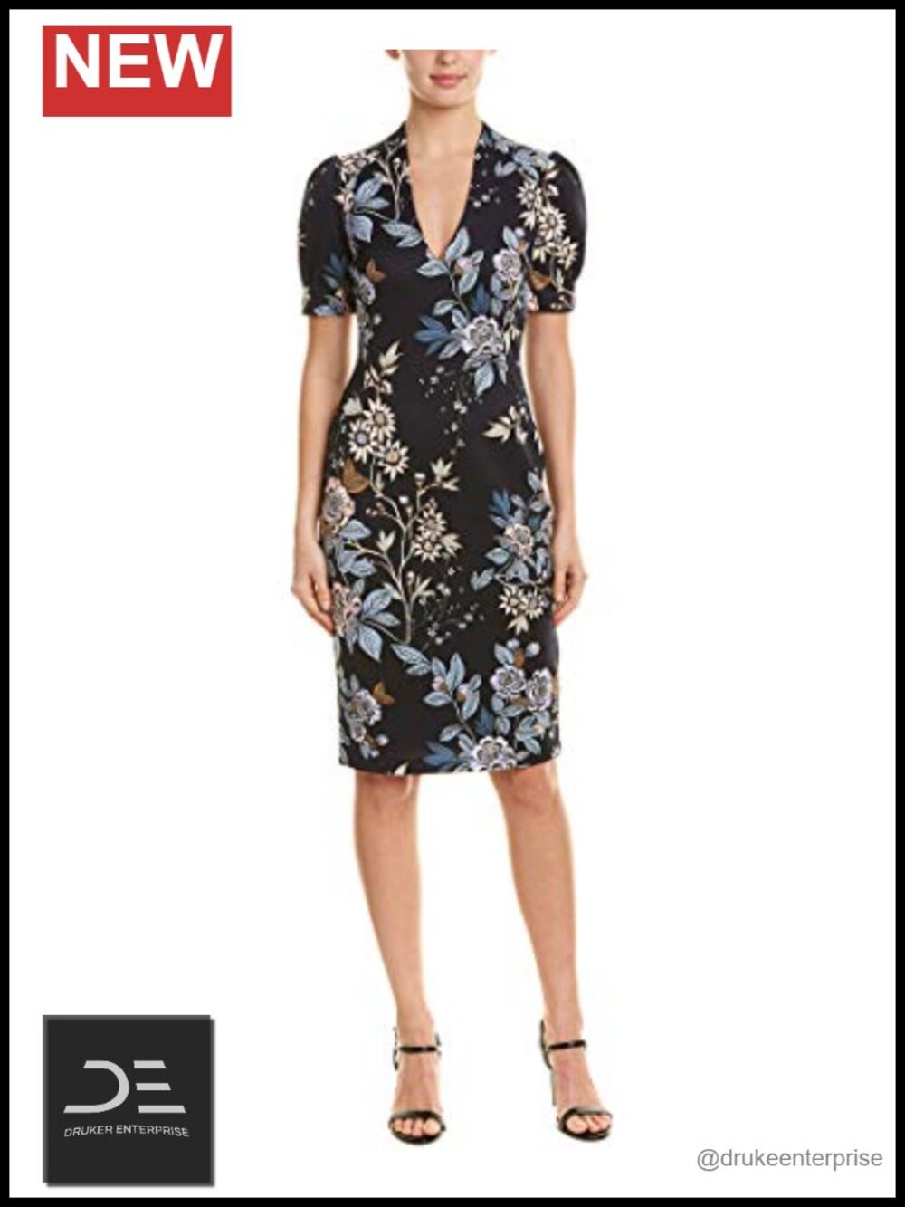 Vince Camuto Printed Sheath Dress V-Neck Short Sleeve Knee-Length